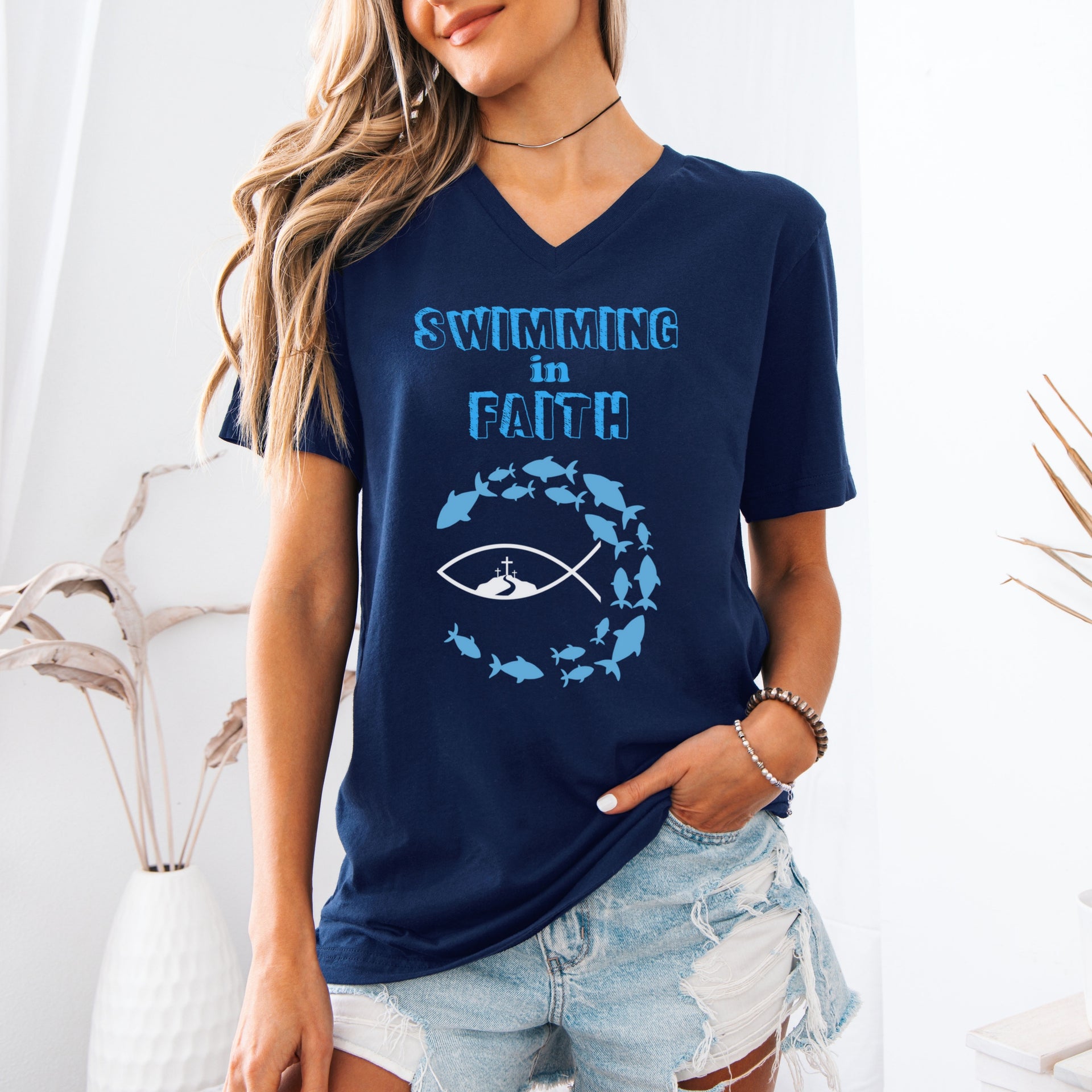 Swimming In Faith Unisex V-Neck Tee - My Faith My Father