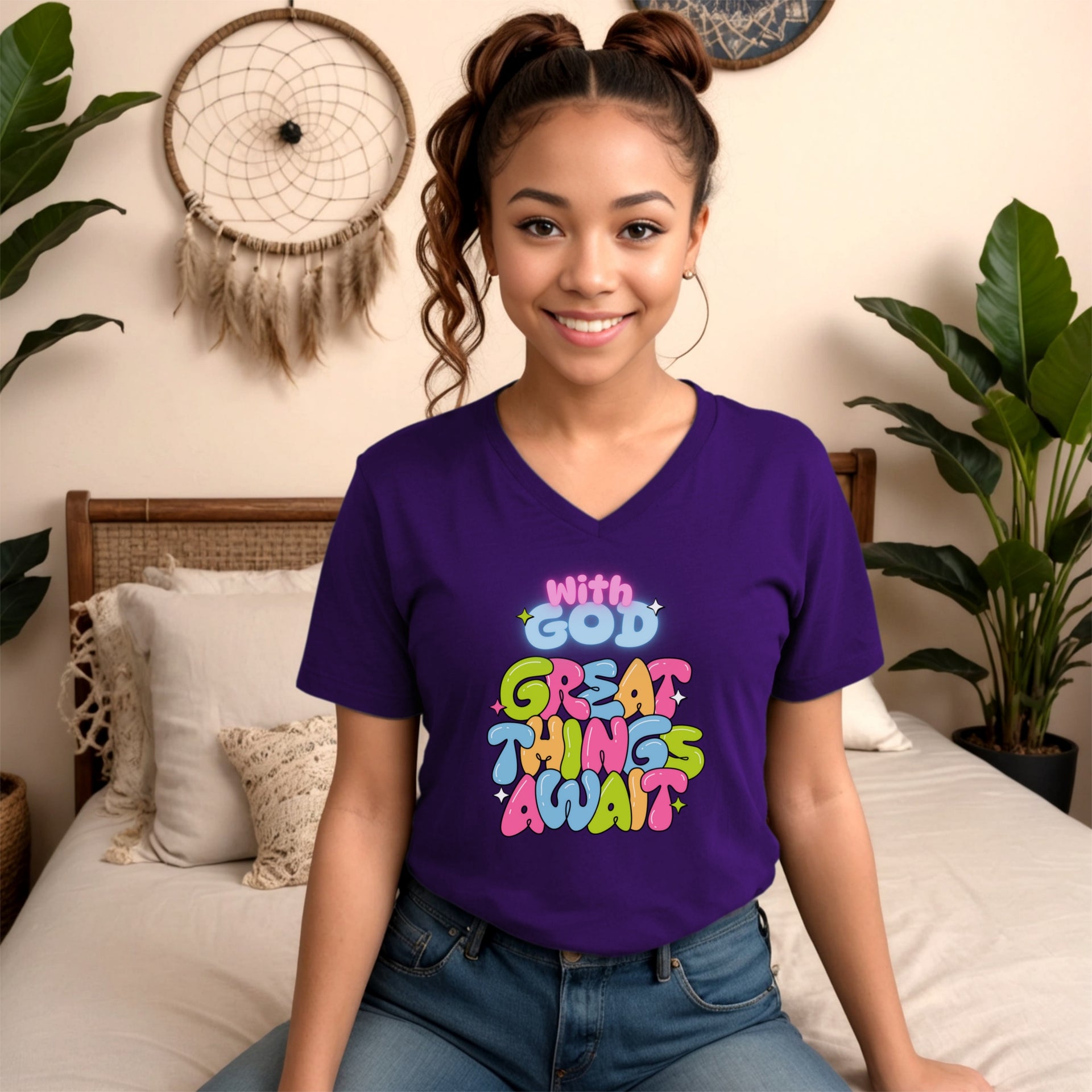 With God, Great Things Await Unisex V- Neck T-Shirt, Christian V-Neck Tee - My Faith My Father