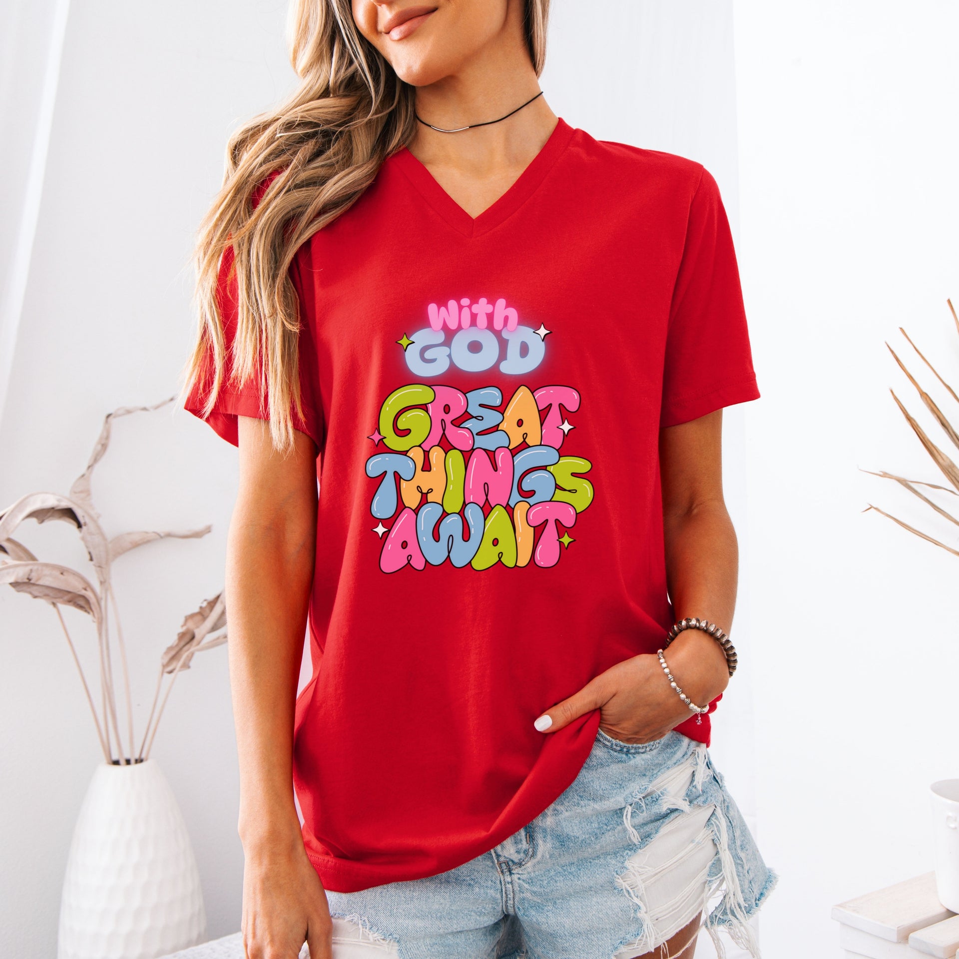 With God, Great Things Await Unisex V- Neck T-Shirt, Christian V-Neck Tee - My Faith My Father