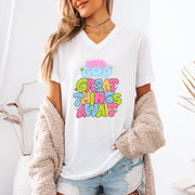 With God, Great Things Await Unisex V- Neck T-Shirt, Christian V-Neck Tee - My Faith My Father