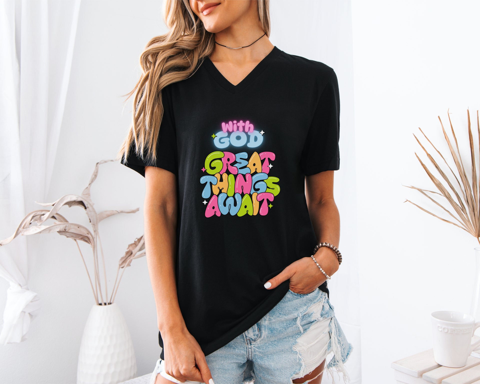 With God, Great Things Await Unisex V- Neck T-Shirt, Christian V-Neck Tee - My Faith My Father