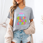 With God, Great Things Await Unisex V- Neck T-Shirt, Christian V-Neck Tee - My Faith My Father