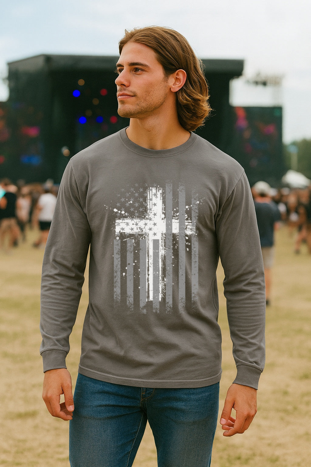 Flag With Cross Unisex Relaxed Fit Long Sleeve T-Shirt - My Faith My Father