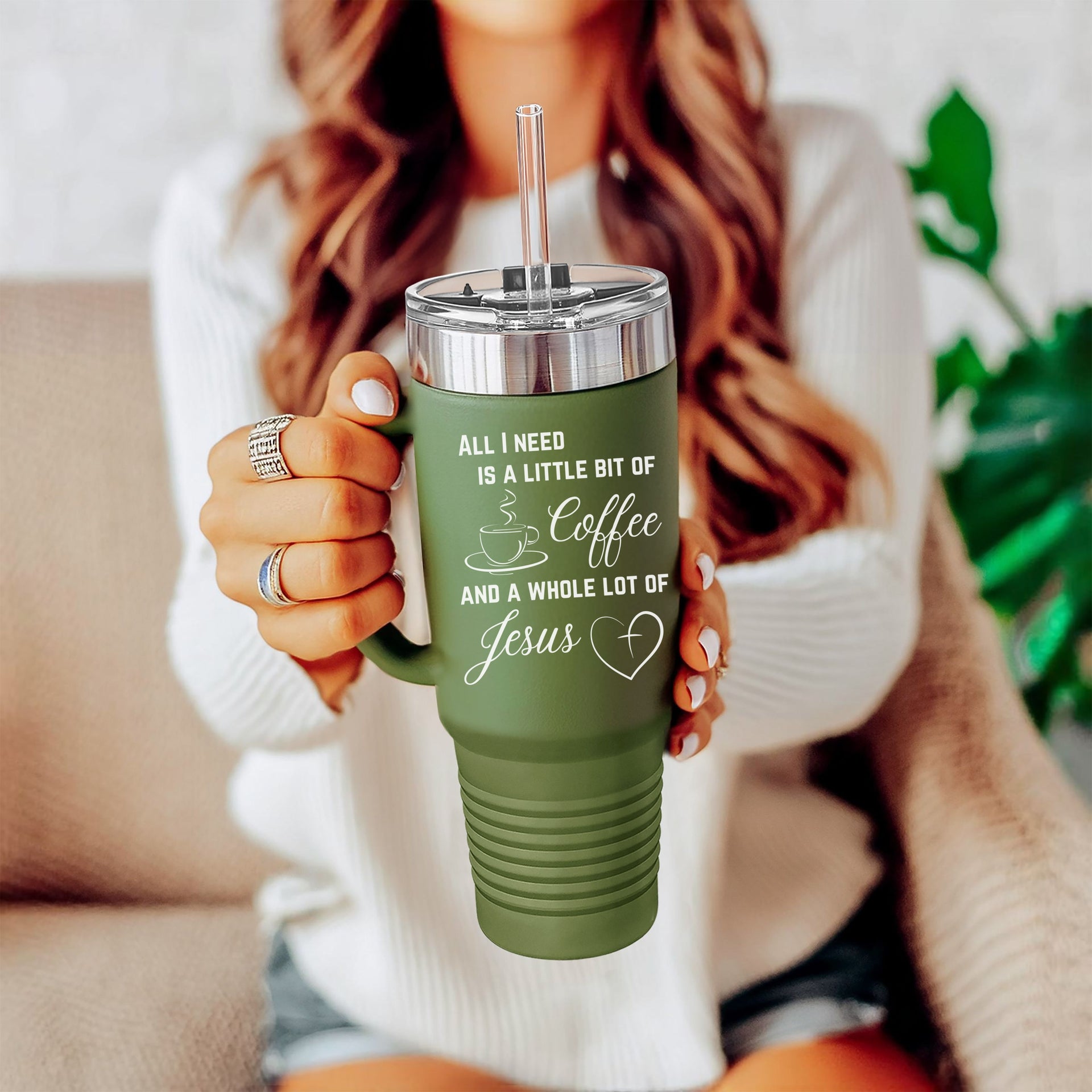 All Is Need I A Little Bit Of Coffee And A Whole Lot Of Jesus 40oz Insulated Travel Mug - My Faith My Father