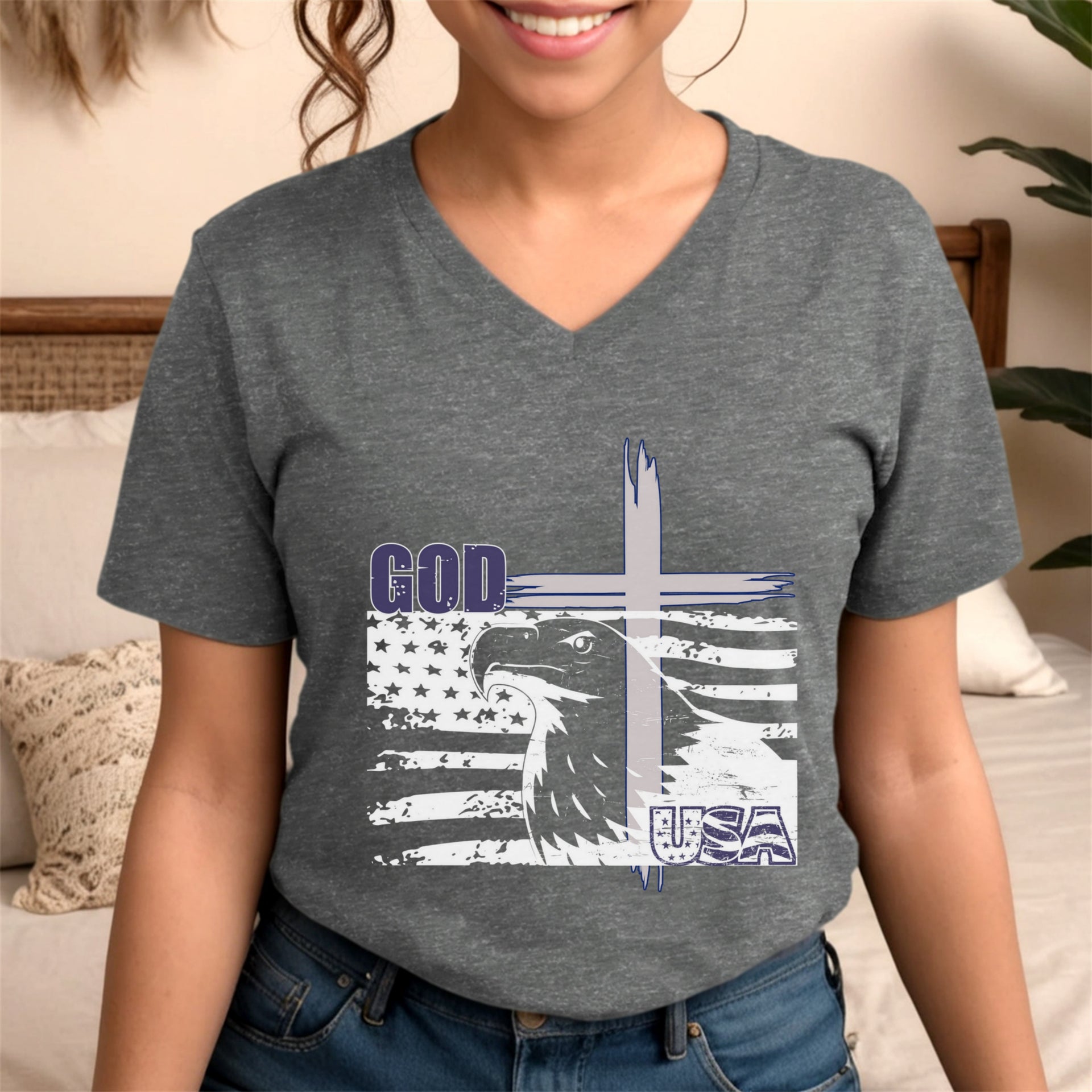 God + USA Unisex  V-Neck T-Shirt - My Faith My Father