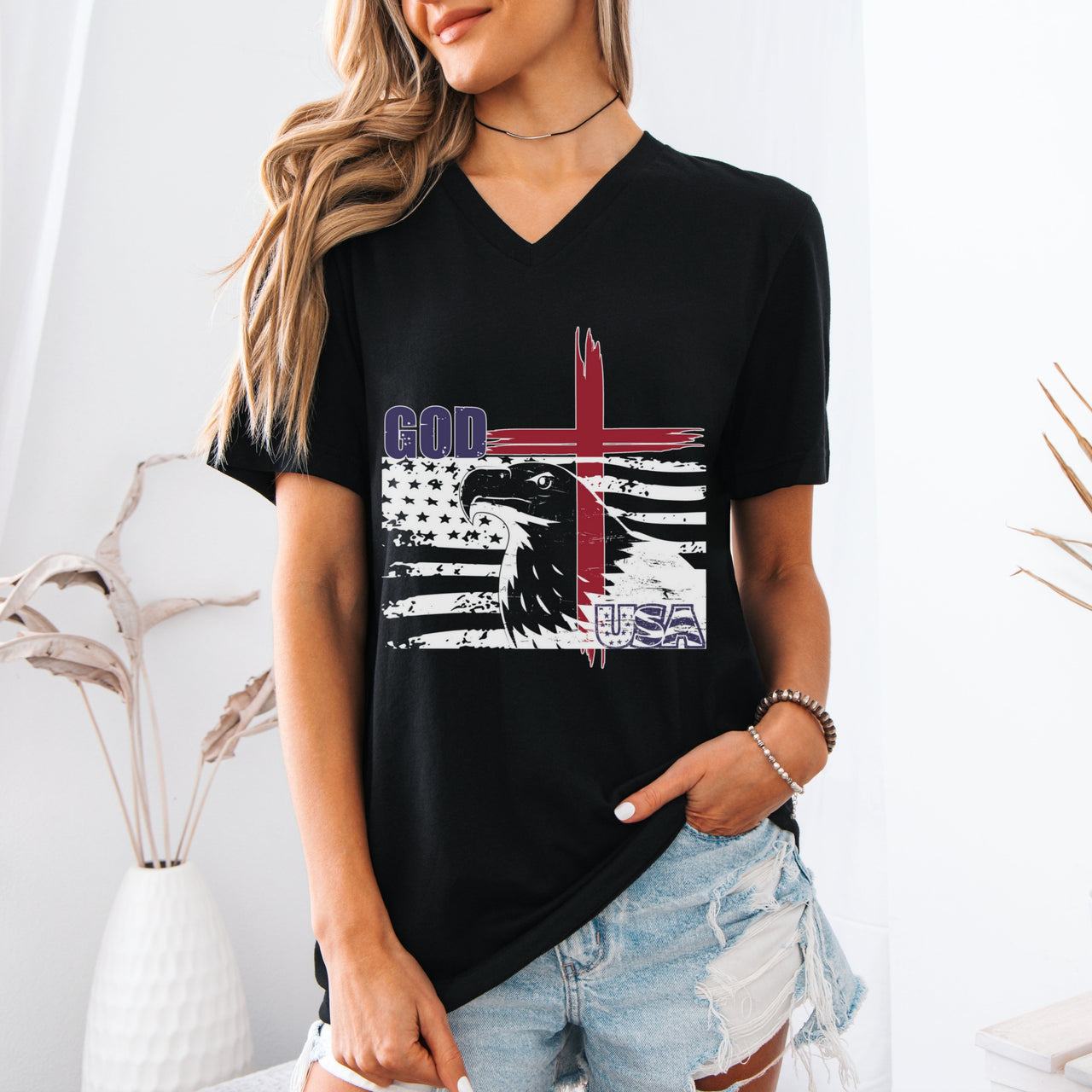 God + USA Unisex  V-Neck T-Shirt - My Faith My Father