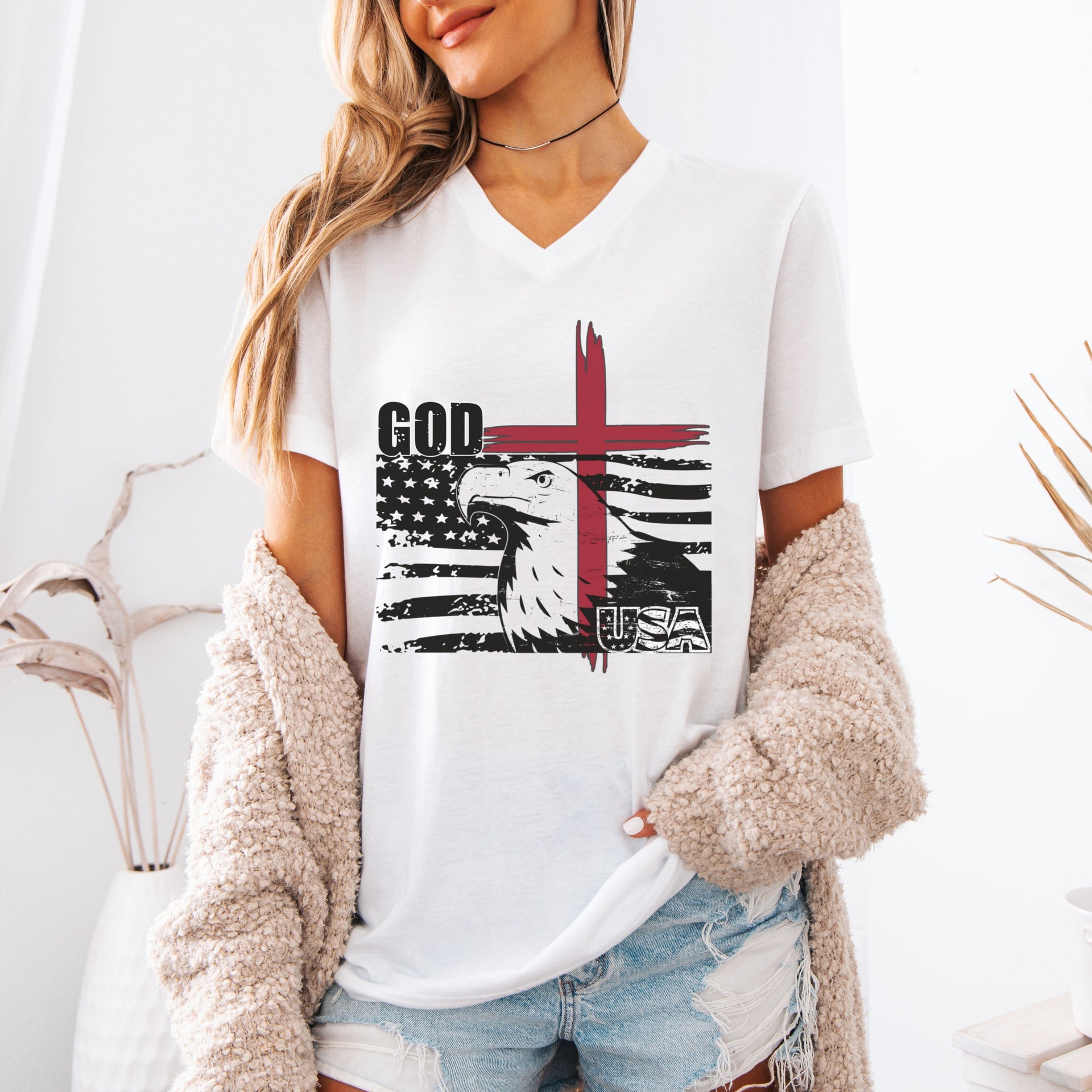 God + USA Unisex  V-Neck T-Shirt - My Faith My Father