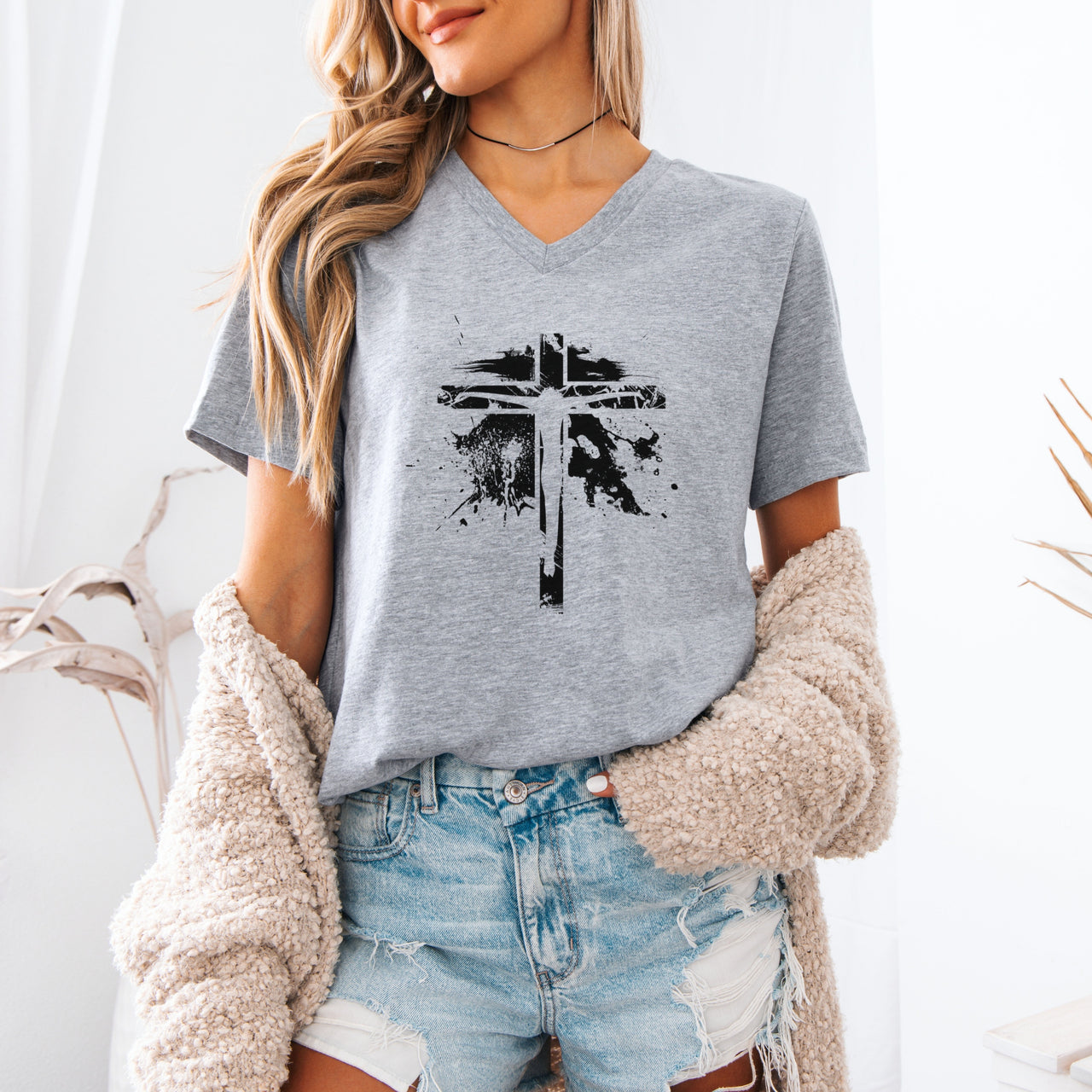 Jesus On Cross Unisex V-Neck T-Shirt