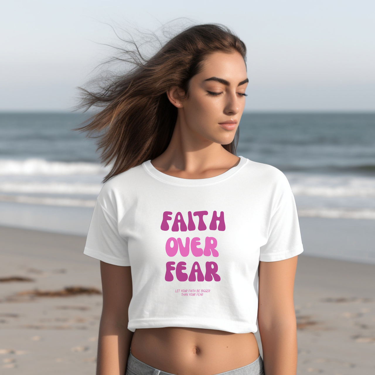 Faith Over Fear Pink Women's Crop Tee | Faith Apparel | Scripture Shirt | Bible Verse Tee | Faith Over Fear | Religious Gift | Christian Tee