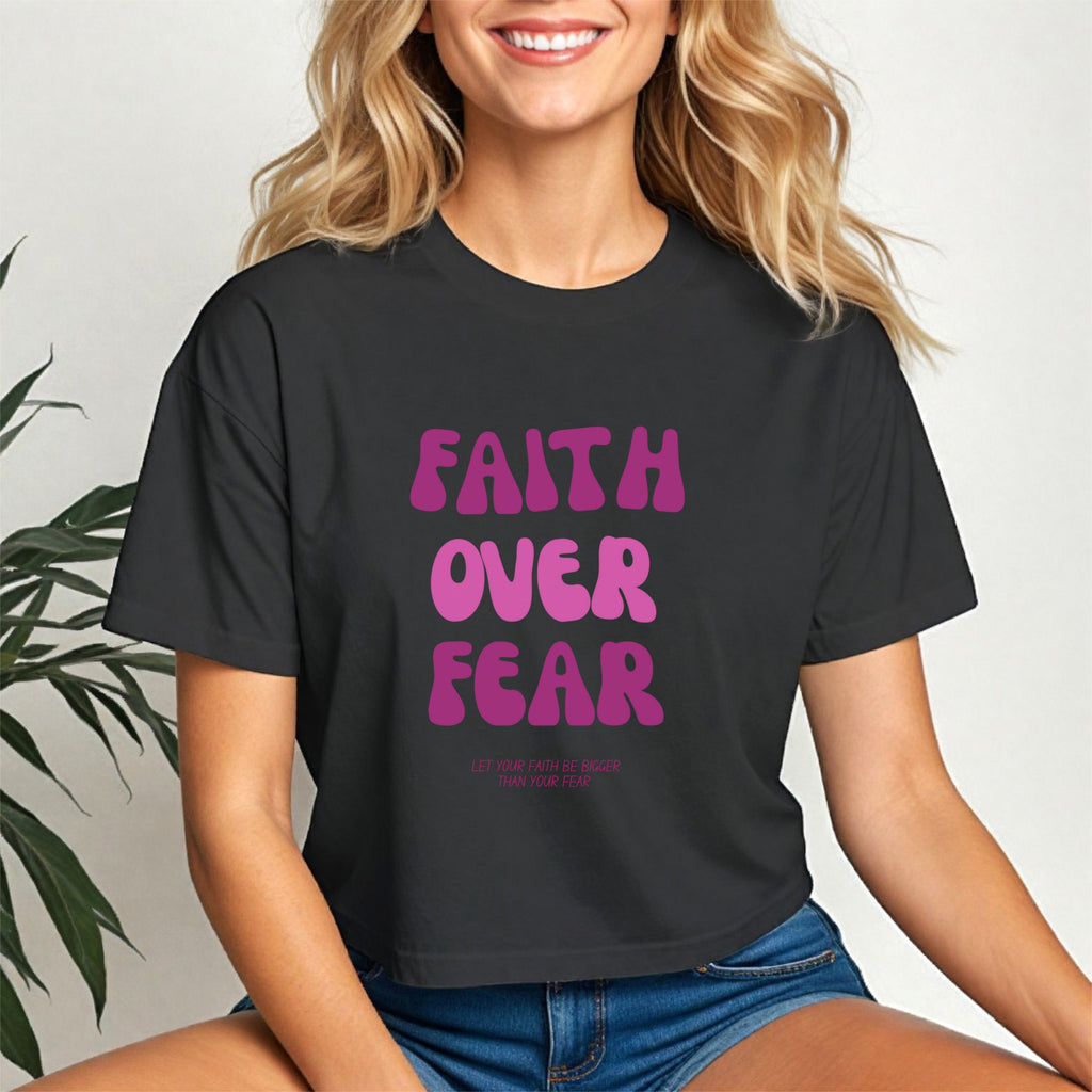 Faith Over Fear Pink Women's Crop Tee | Faith Apparel | Scripture Shirt | Bible Verse Tee | Faith Over Fear | Religious Gift | Christian Tee