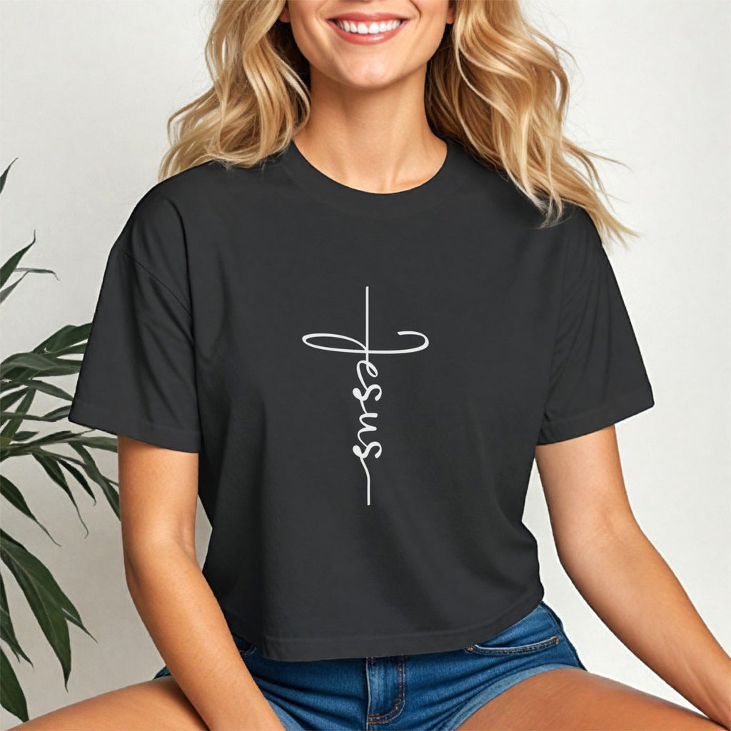 Jesus Cross Women's Crop Tee| Faith Apparel | Scripture Shirt | Bible Verse Tee | Faith Over Fear | Religious Gift |Christian Tee |Jesus Tee