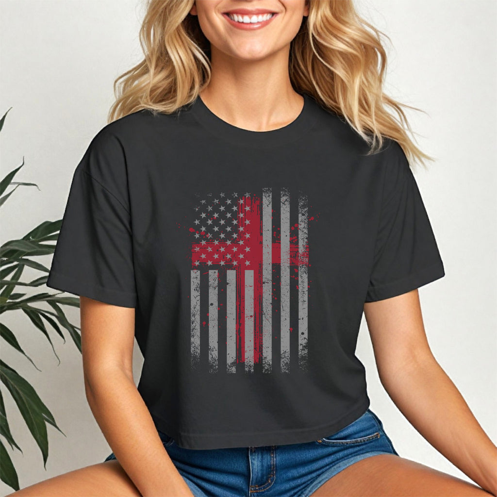 Flag With Cross Women's Crop Tee | Faith Apparel | Scripture Shirt | Bible Tee | Faith Over Fear | Religious Gift | Christian Tee |Jesus Tee