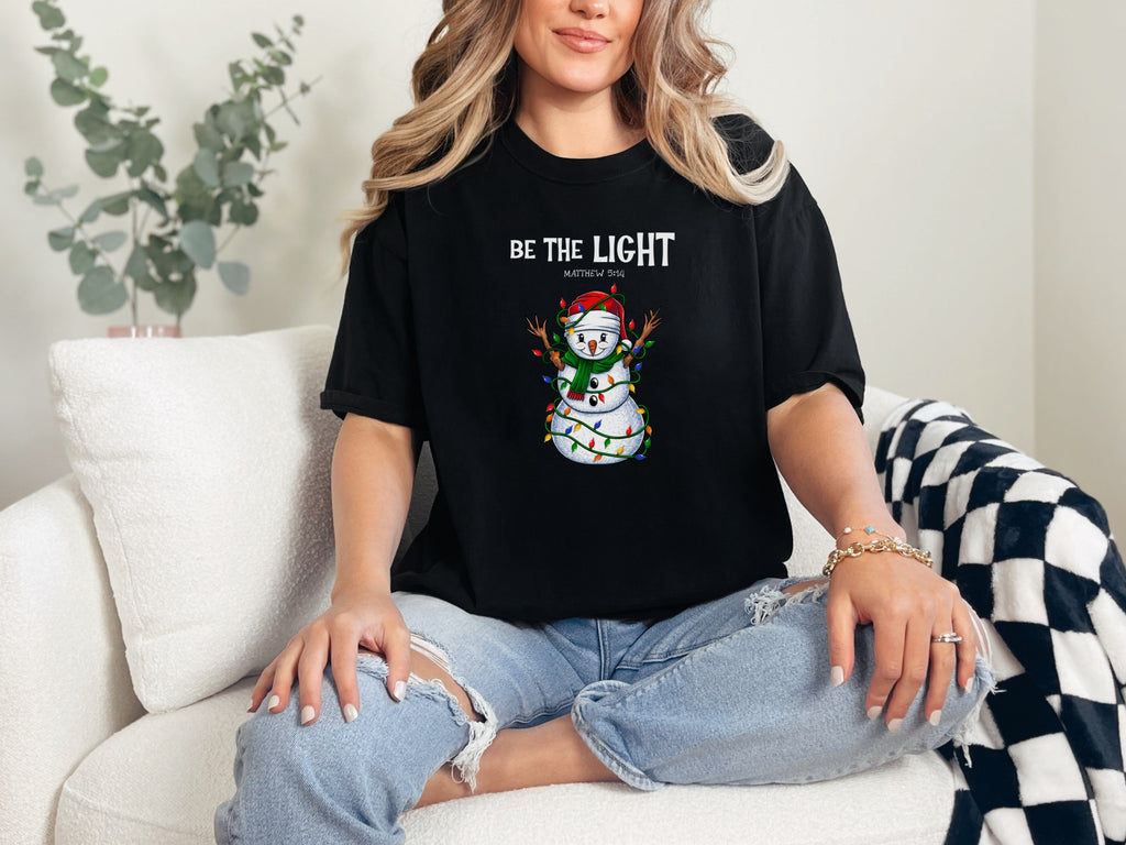 Be The Light Snowman T-Shirt | Christmas Snowman with Lights