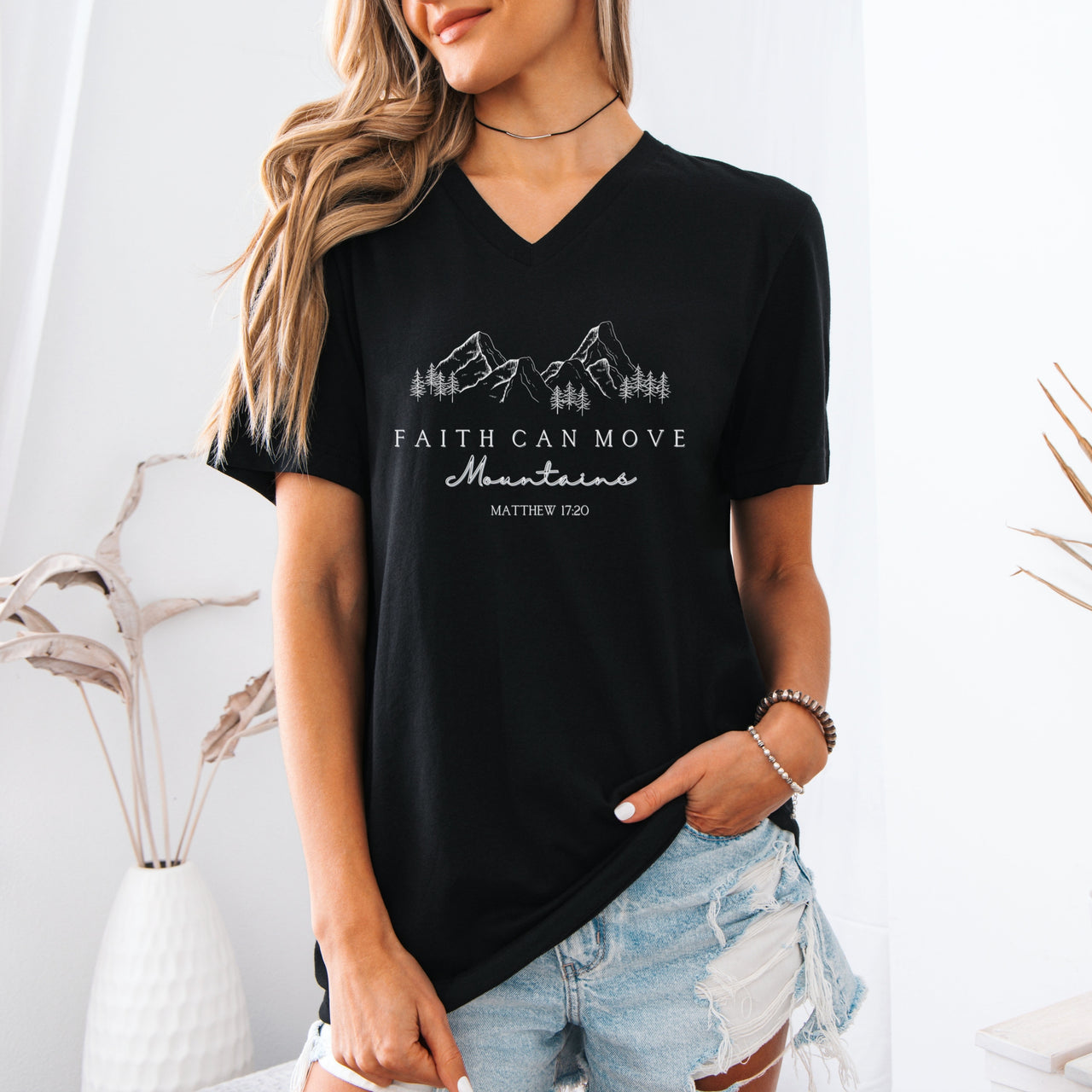 Faith Can Move Mountains Unisex V-Neck T-Shirt