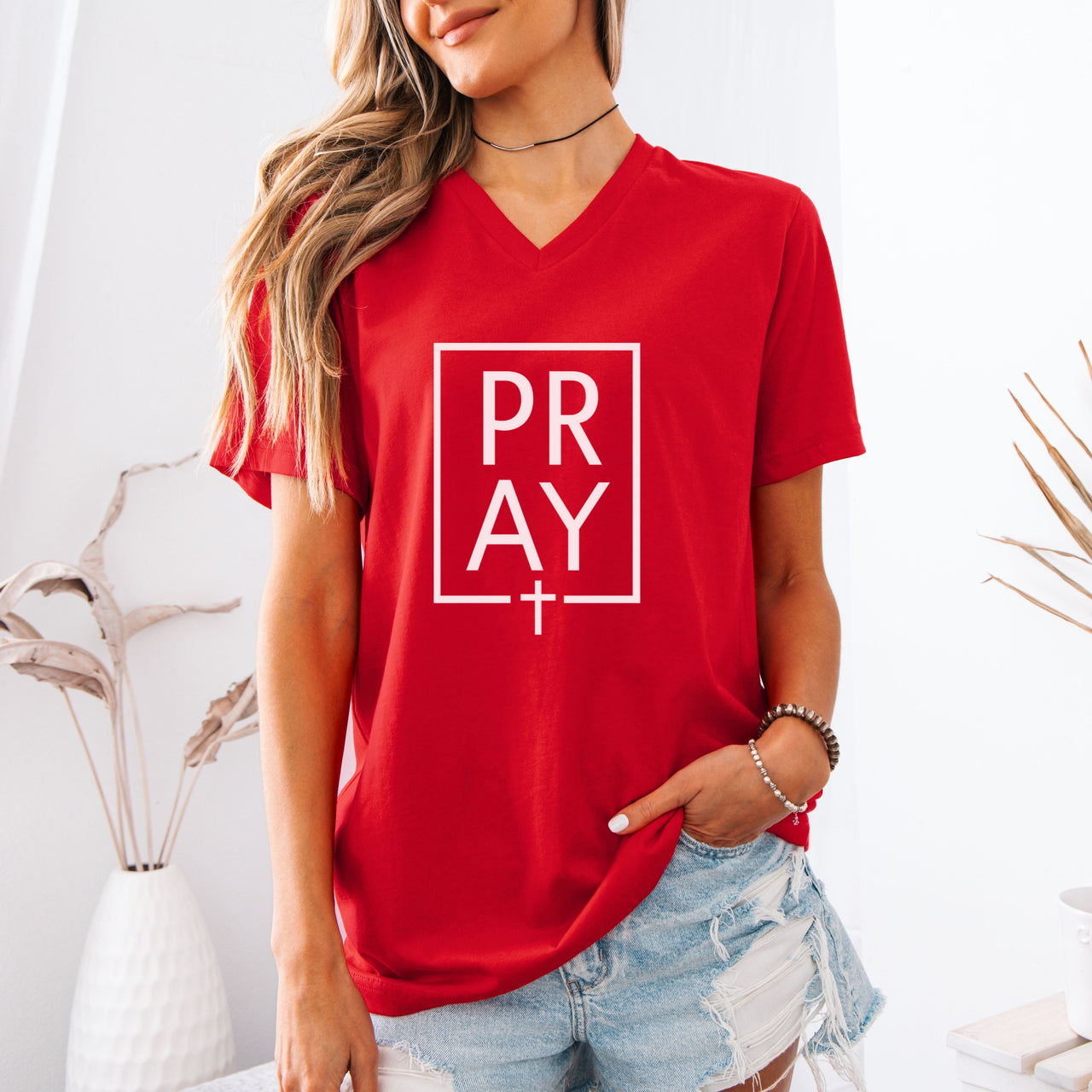 Pray + Cross Unisex V-Neck T-Shirt