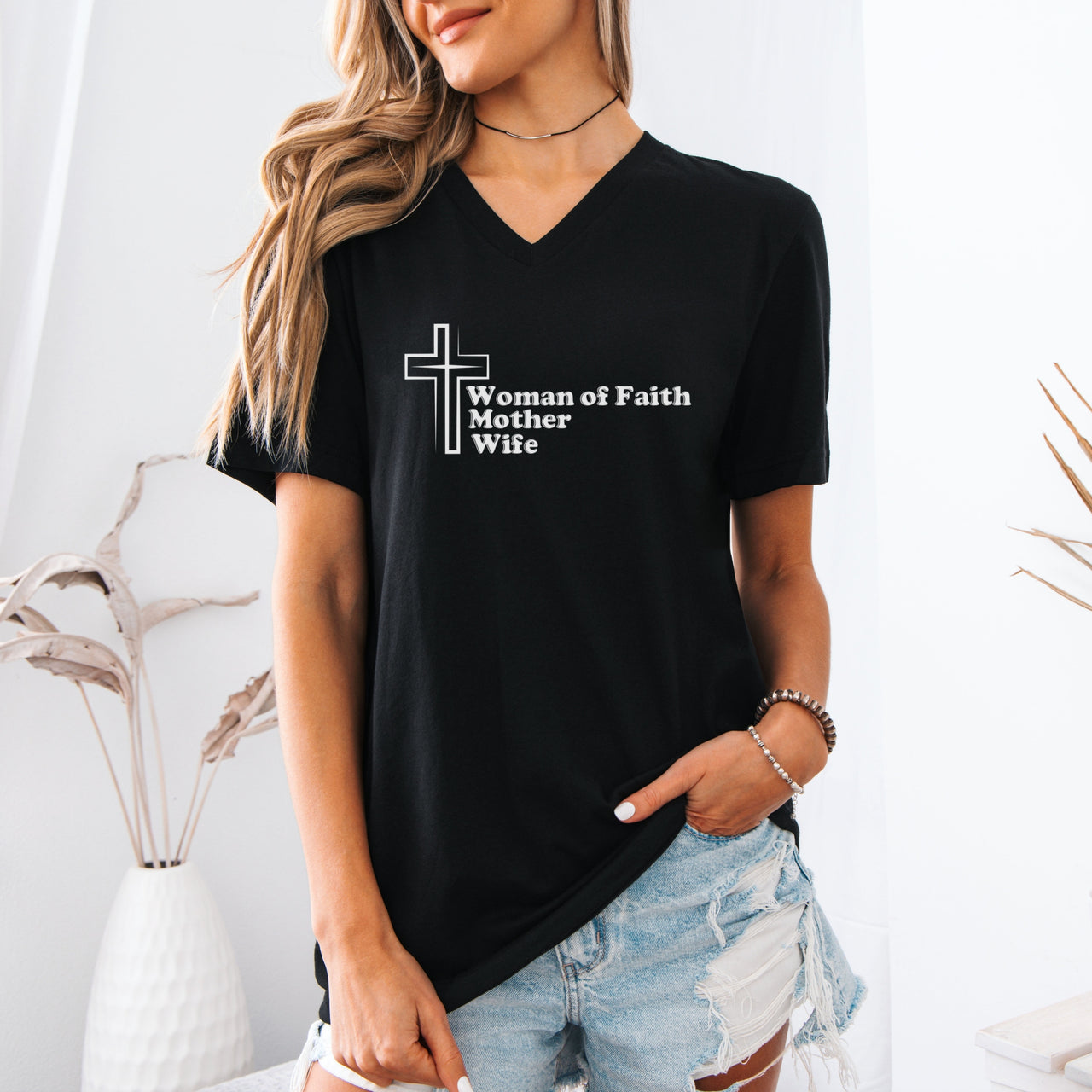 Woman of Faith, Mother, Wife V-Neck T-Shirt