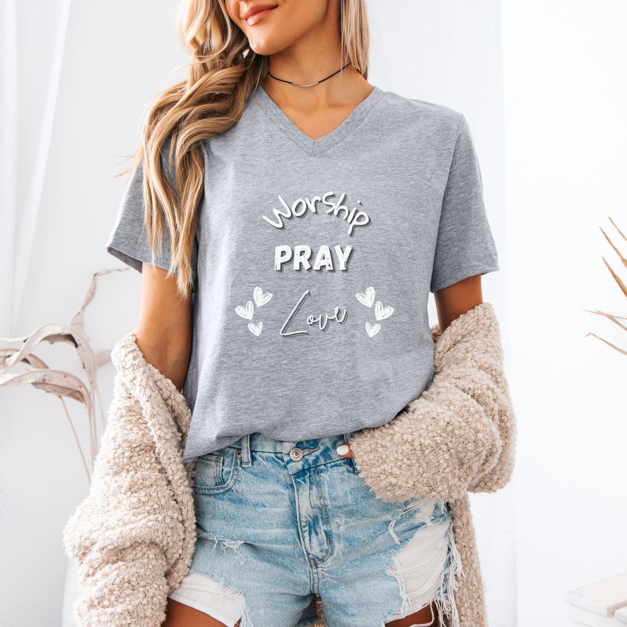 Worship, Pray, Love Unisex V-Neck T-shirt