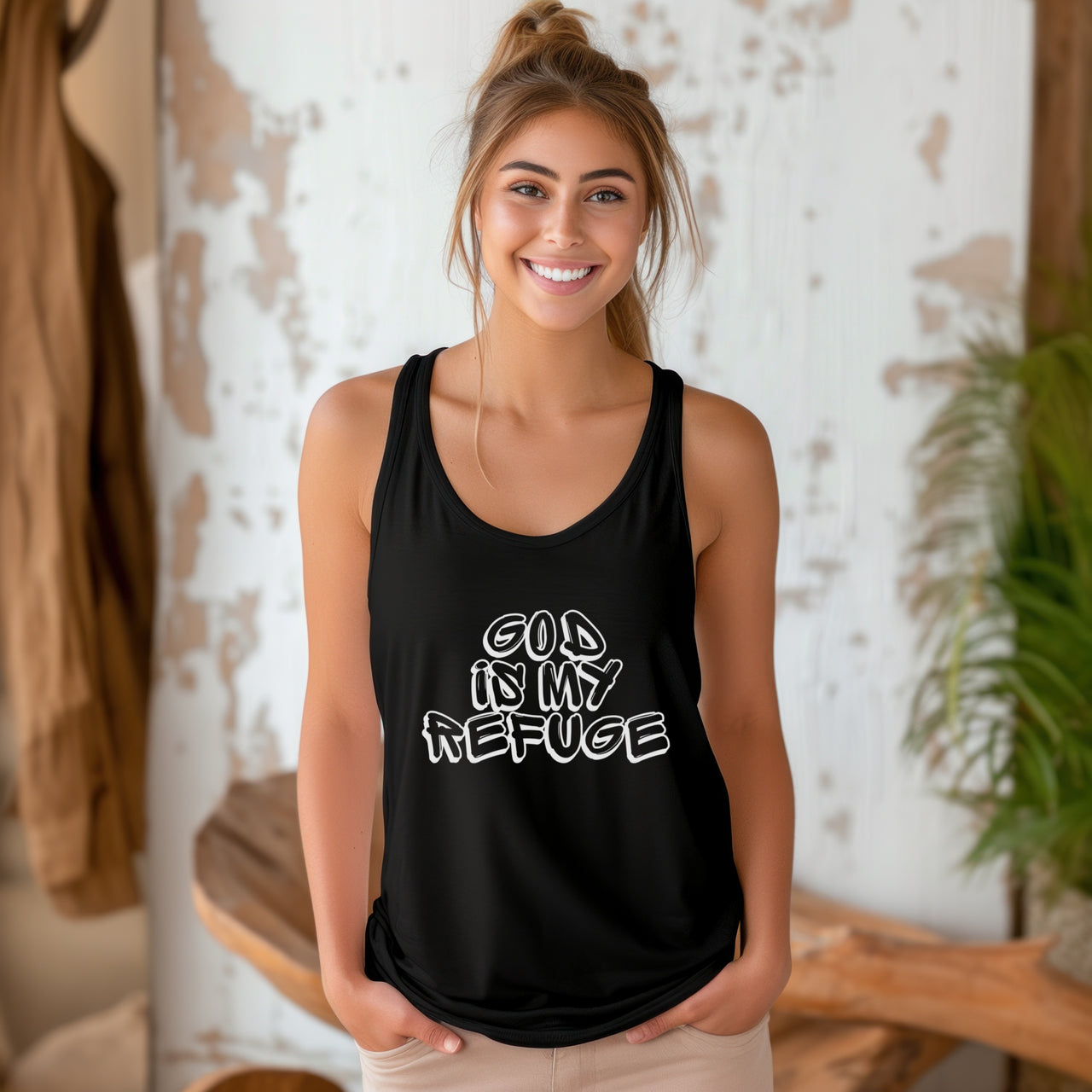 God is My Refuge Women's Flowy Racerback Tank