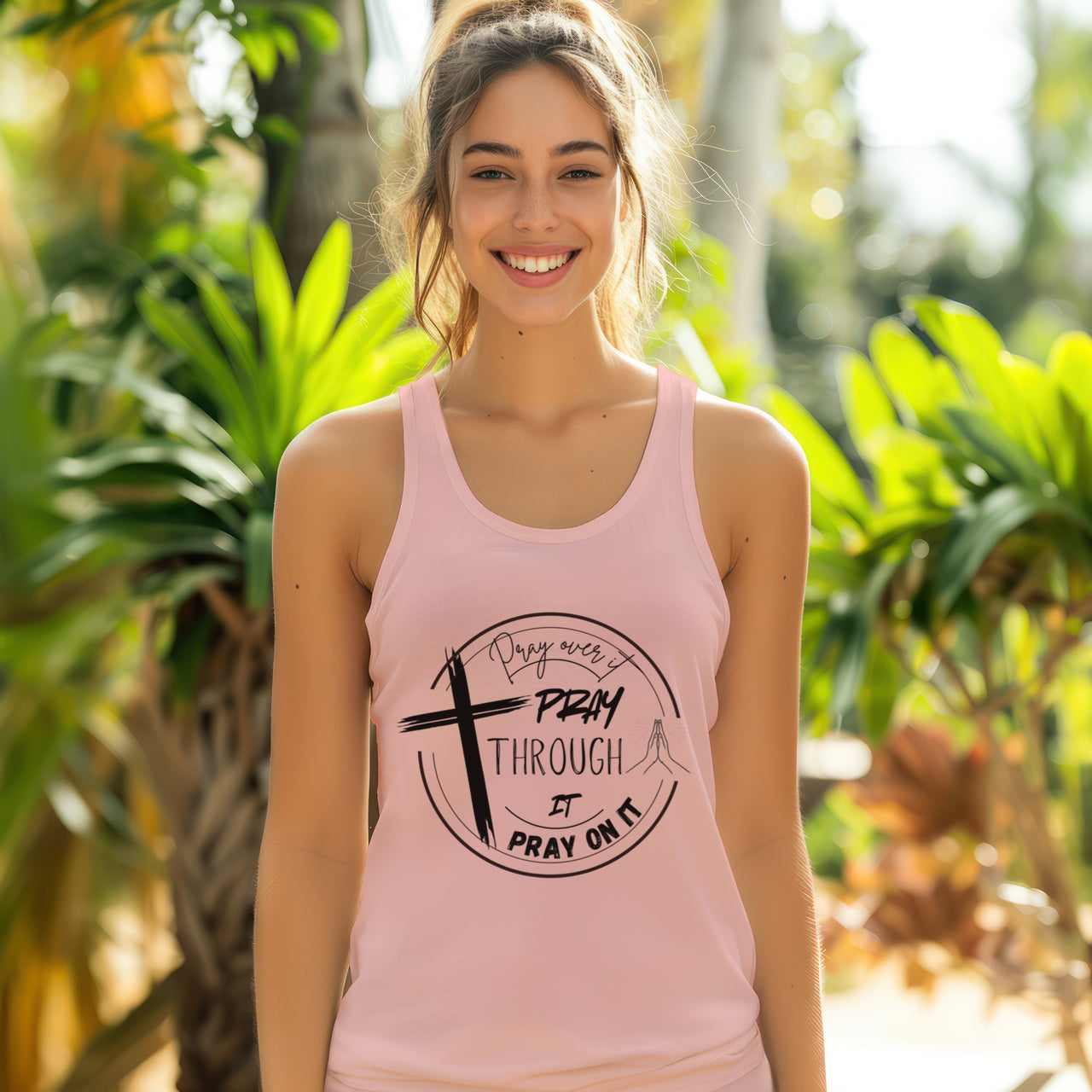 Pray Over It  Women's Flowy Racerback Tank | Christian Tank Top | Faith-Based Gift | Bible Verse Shirt | Inspirational Workout Top