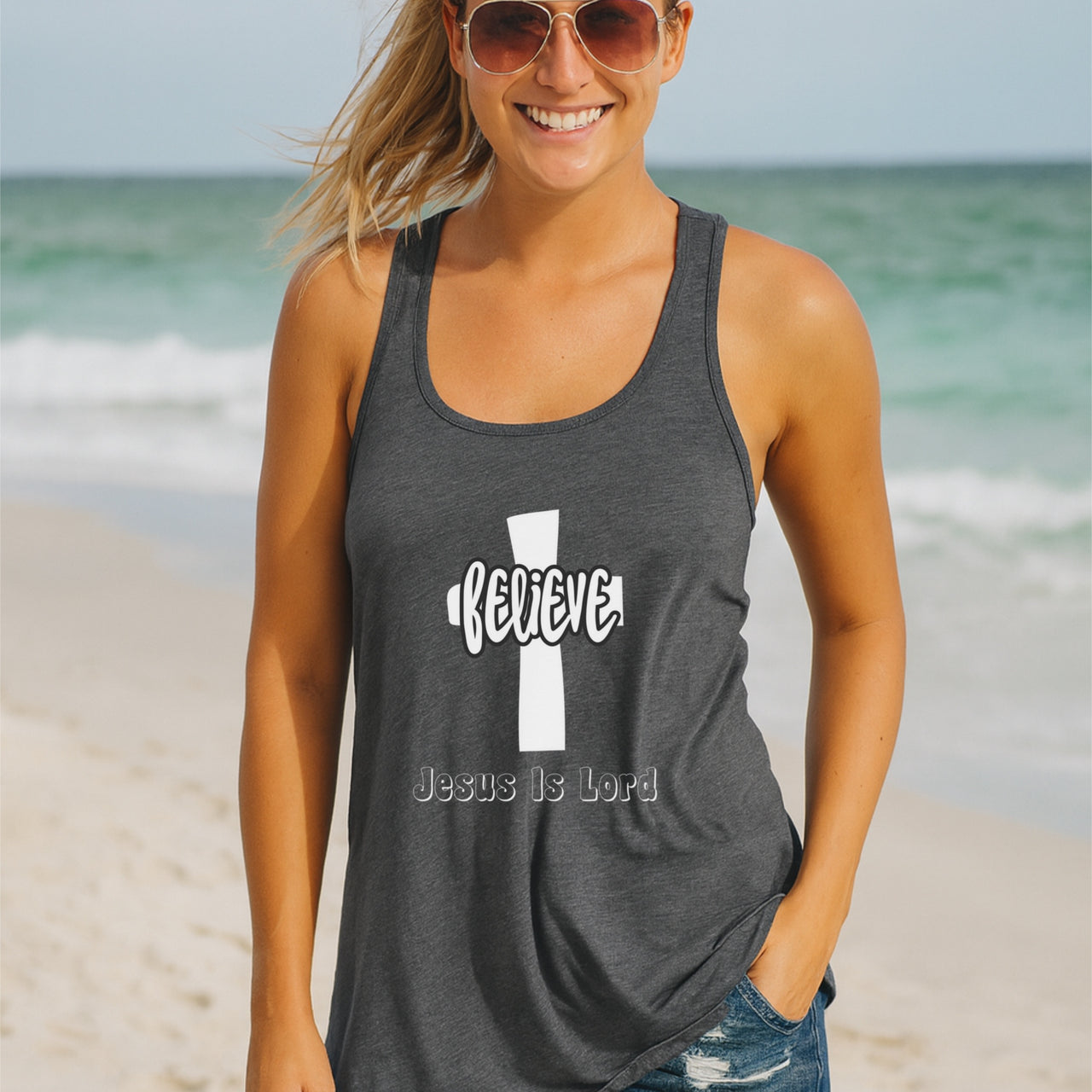 Believe Jesus Is Lord Flowy Racerback Tank Top