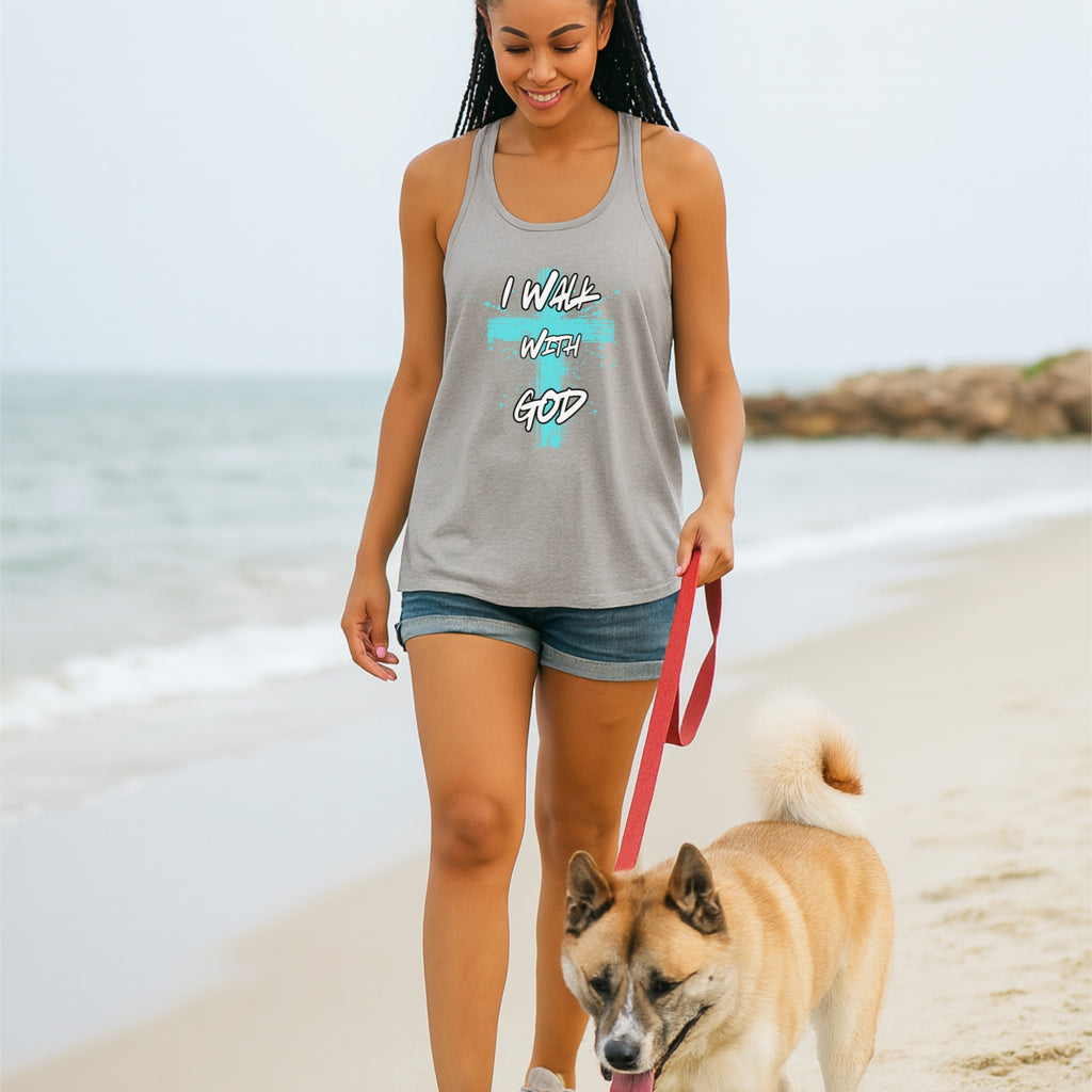 I Walk With God Christian Faith Flowy Racerback Tank, Religious Sleeveless Top, Spiritual Workout Shirt, Inspirational Gym Tank