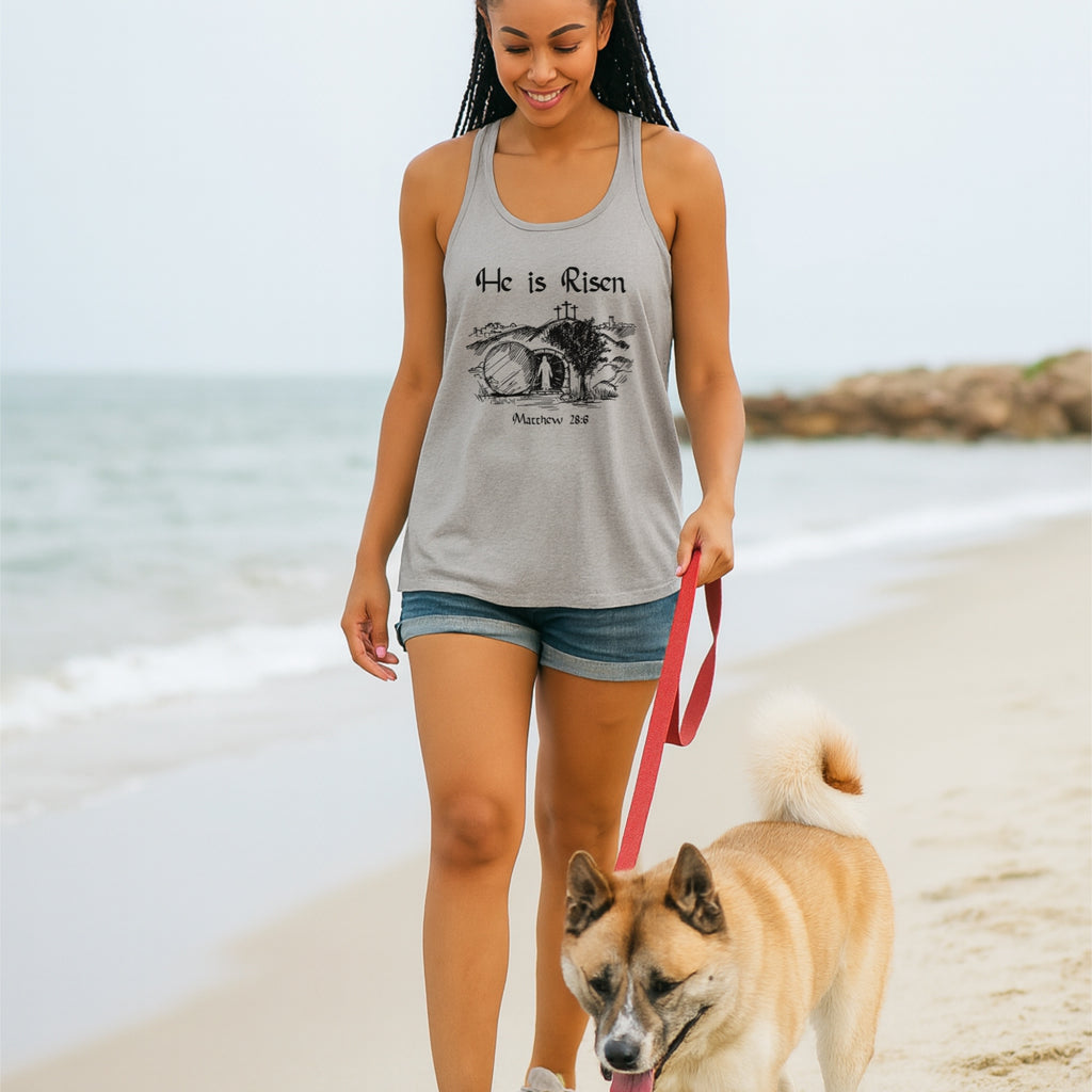 He Is Risen Women's Flowy Racerback Tank Top, Easter Women's Tunic, Christian Graphic Tee, Resurrection Summer Clothing