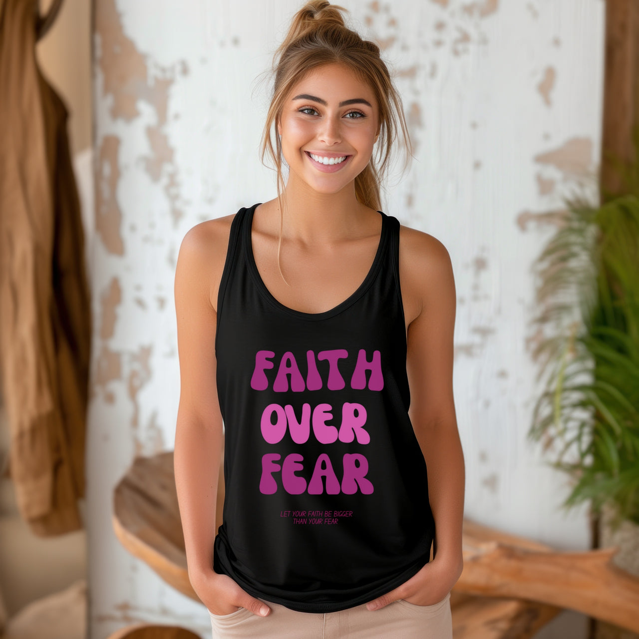Faith Over Fear Pink Women's Flowy Racerback Tank, Inspirational Workout Top, Summer Casual Wear, Yoga Shirt, Gift for Her