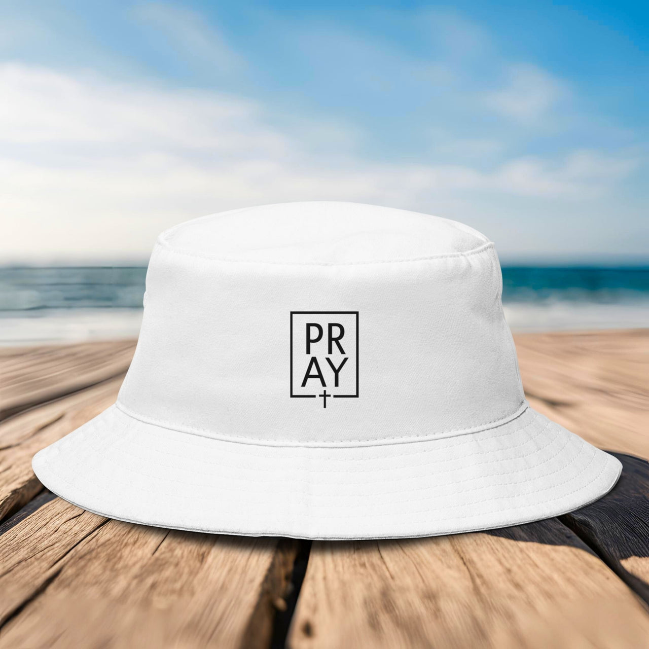 Pray + Cross Embroidered Bucket Hat — Minimal Faith Logo Sun Hat