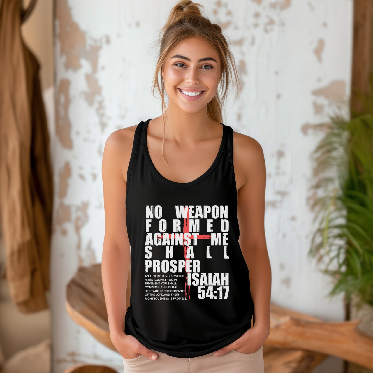 Isaiah 54:17 No Weapon Formed Against Me Women's Flowy Racerback Tank Top , Christian, Inspirational Bible Verse Shirt, Women's Workout Top