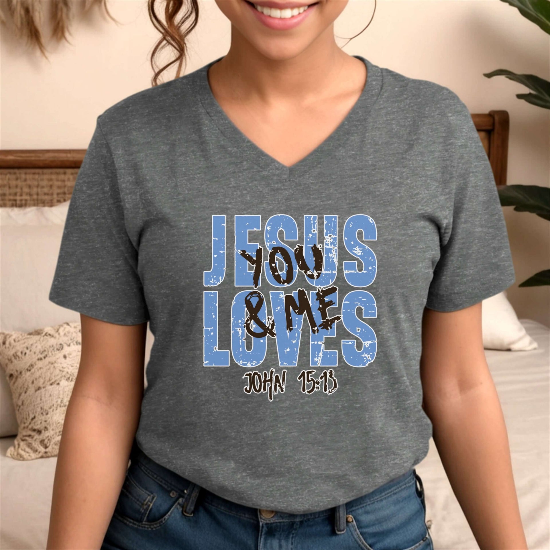 Jesus Loves You & Me T-shirt featuring a stylish V-neck design inspired by John 15:13.