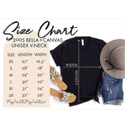 Size chart for Jesus Loves You & Me T-shirt, John 15:13, Bella Canvas V-neck, showing measurements for each size.
