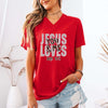 Jesus Loves You & Me T-shirt in red, featuring John 15:13 design, perfect for church and casual wear.