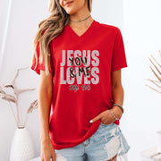 Jesus Loves You & Me T-shirt in red, featuring John 15:13 design, perfect for church and casual wear.