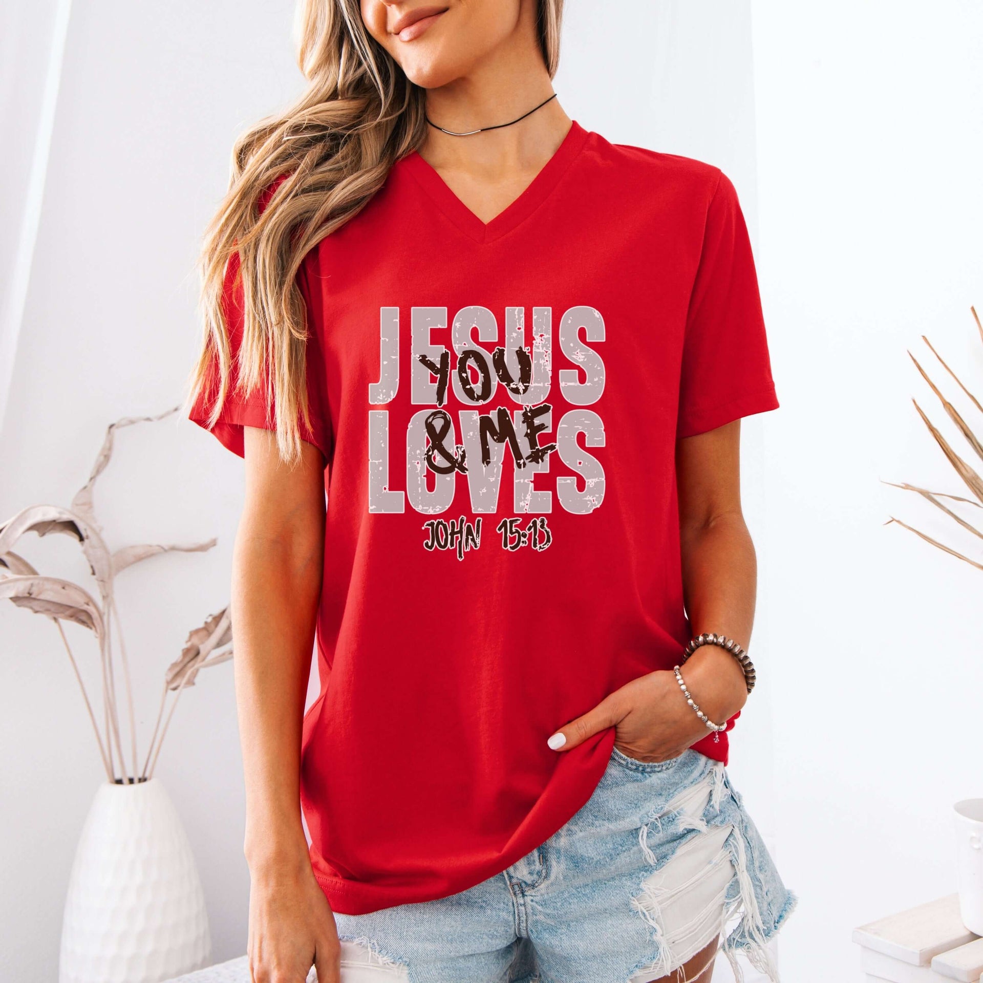 Jesus Loves You & Me T-shirt in red, featuring John 15:13 design, perfect for church and casual wear.