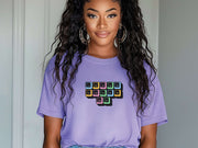 Jesus Loves Me Unisex T-Shirt with keyboard keys graphic on a violet tee.