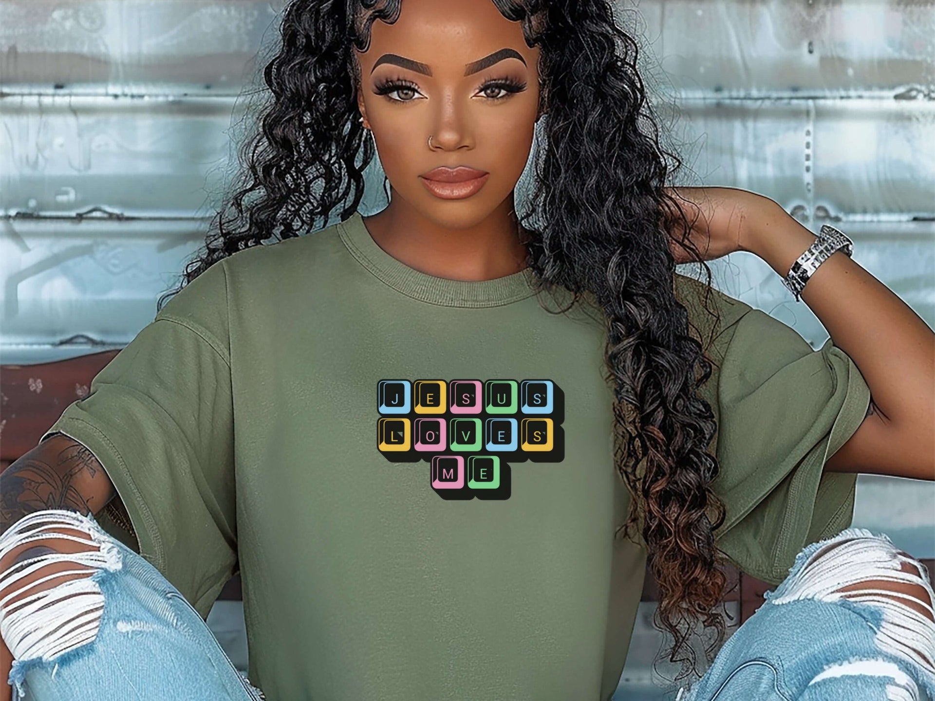 Jesus Loves Me Unisex T-Shirt featuring keyboard keys graphic design, model wearing comfortable tee.