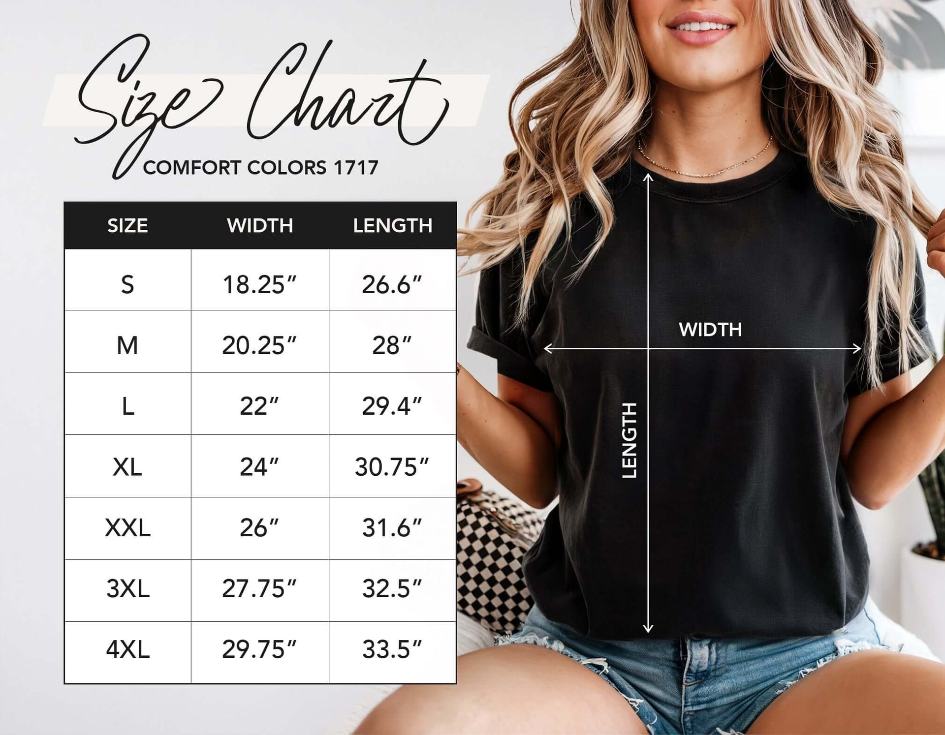 Size chart for Jesus Loves Me Unisex T-Shirt, Comfort Colors 1717 showing dimensions for each size from S to 4XL