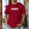 Amen Brush Stroke Text T-Shirt displayed on a man, showcasing minimalist Christian style in bold red.