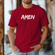 Amen Brush Stroke Text T-Shirt displayed on a man, showcasing minimalist Christian style in bold red.