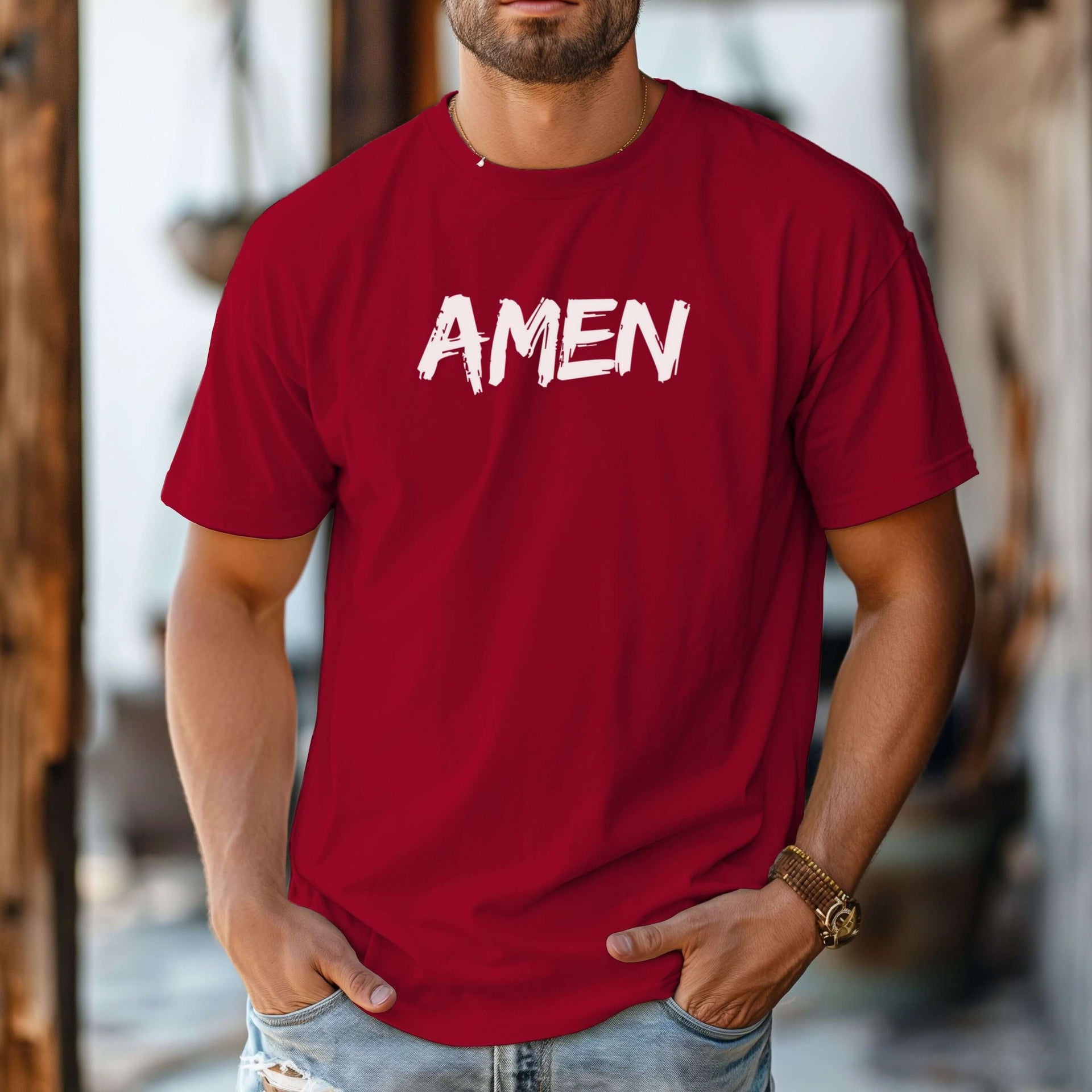 Amen Brush Stroke Text T-Shirt displayed on a man, showcasing minimalist Christian style in bold red.