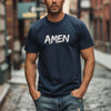 Amen Brush Stroke Text T-Shirt worn by a man in a casual street setting, showcasing a bold faith statement.
