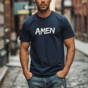 Amen Brush Stroke Text T-Shirt worn by a man in a casual street setting, showcasing a bold faith statement.