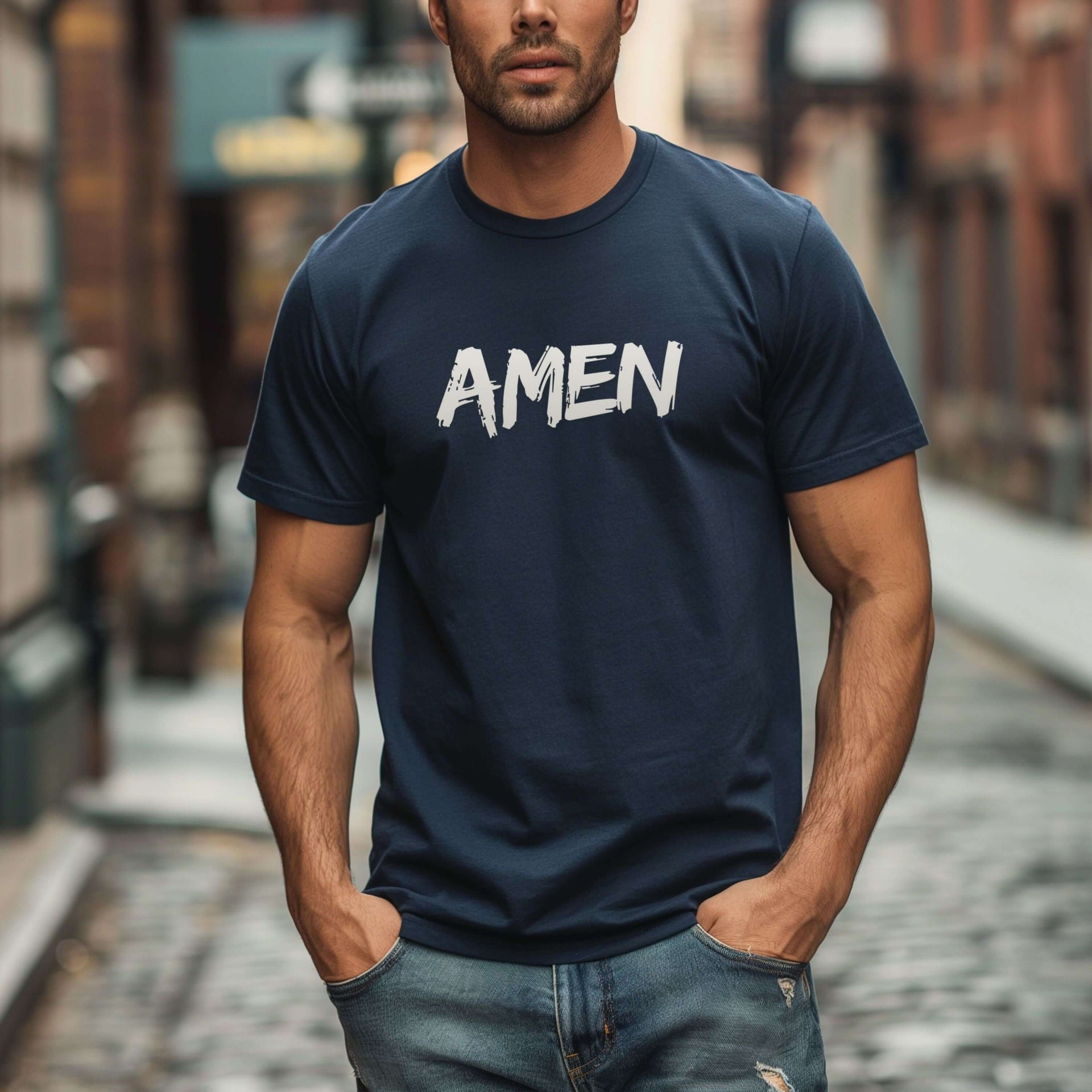 Amen Brush Stroke Text T-Shirt worn by a man in a casual street setting, showcasing a bold faith statement.