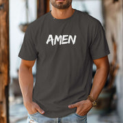 Amen Brush Stroke Text T-Shirt displayed by a man in a casual setting, showcasing its minimalist design and modern style.