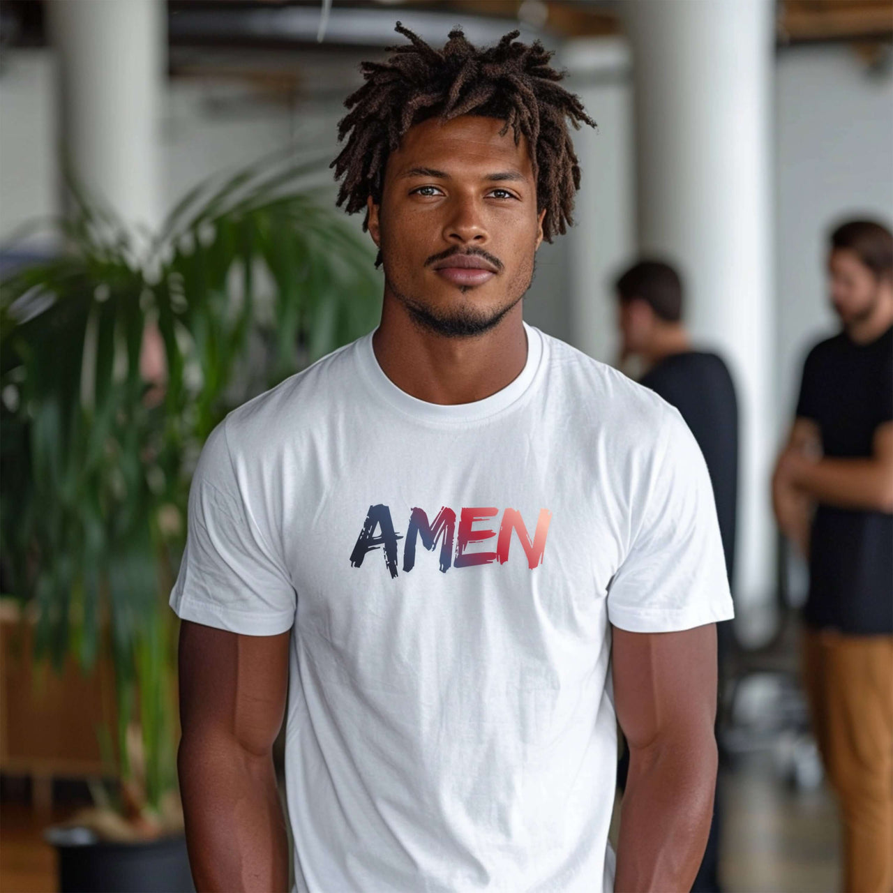 Amen Brush Stroke Text T-Shirt model wearing a white tee with brush stroke 'AMEN' design, showcasing minimalist Christian fashion.