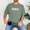 Amen Brush Stroke Text T-Shirt worn by man holding coffee, featuring bold 'AMEN' text in a minimalist design.