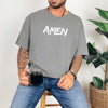 Amen Brush Stroke Text T-Shirt in gray, featuring bold AMEN text, modeled by a man holding a coffee cup.