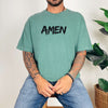 Amen Brush Stroke Text T-Shirt, featuring bold 'AMEN' print on a relaxed fit light green tee.