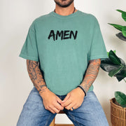 Amen Brush Stroke Text T-Shirt, featuring bold 'AMEN' print on a relaxed fit light green tee.