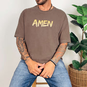Amen Brush Stroke Text T-Shirt worn by a model, showcasing minimalist Christian design with relaxed fit.